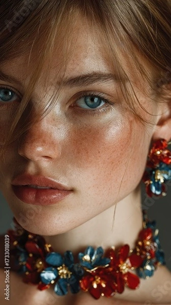 Fototapeta Close-up of a model showcasing vibrant floral jewelry pieces with intricate details in a studio setting