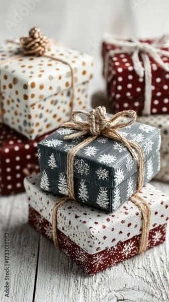Fototapeta Surprise gift boxes wrapped in festive paper with festive designs arranged on a wooden surface during the holiday season