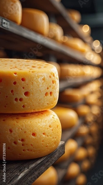 Fototapeta Cheese wheels displayed on wooden shelves in a dairy warehouse during daytime in a rustic setting