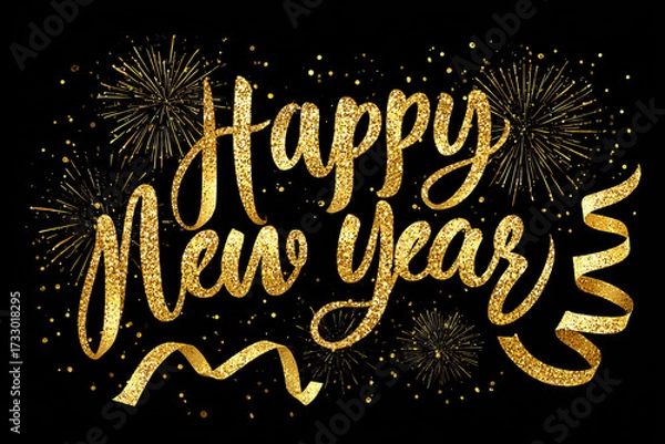 Fototapeta Festive Happy New Year Typography with Golden Glow and Fireworks on Transparent Background