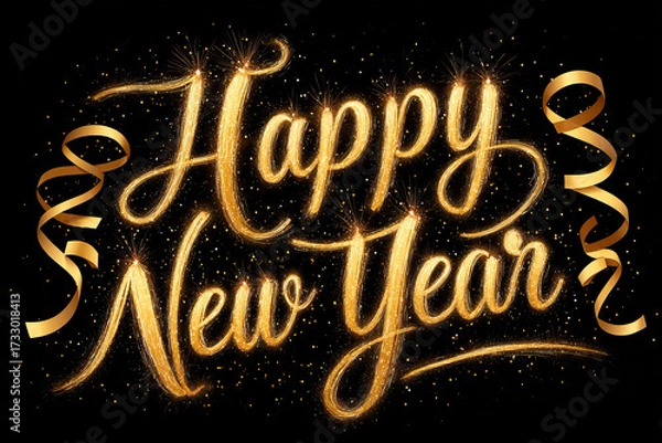 Fototapeta Festive Happy New Year Typography with Golden Glow and Fireworks on Transparent Background