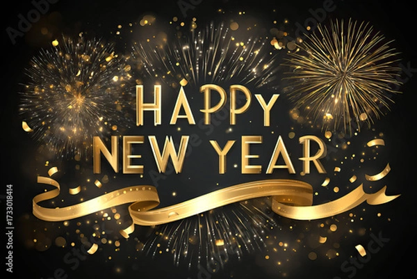 Fototapeta Festive Happy New Year Typography with Golden Glow and Fireworks on Transparent Background