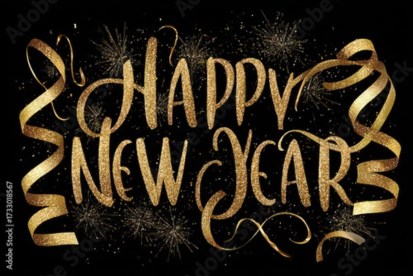 Fototapeta Festive Happy New Year Typography with Golden Glow and Fireworks on Transparent Background