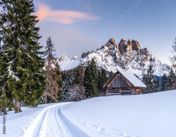 Obraz Snowy mountain landscape with rustic cabin