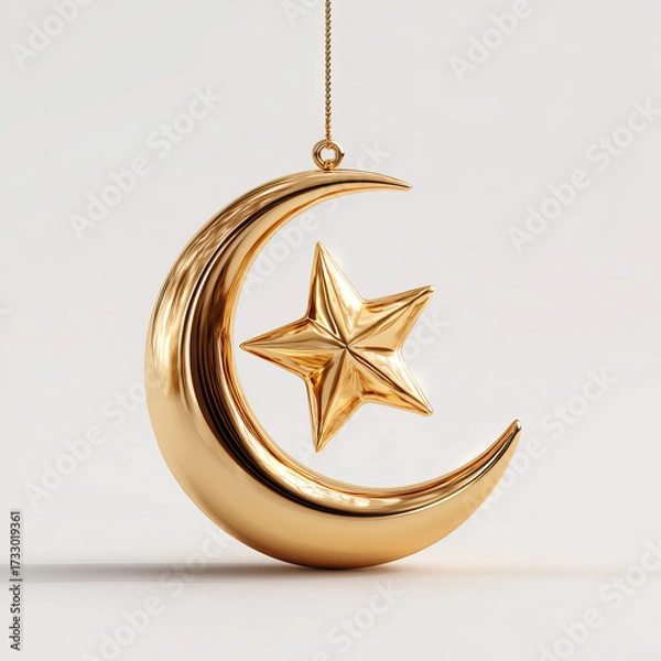 Fototapeta Shiny Golden Moon and Star Ornament Realistic 3D Luxury Design on Transparent Background