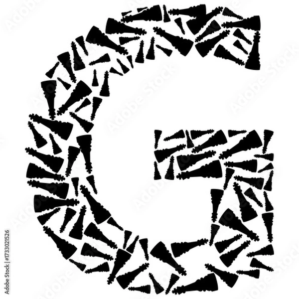 Fototapeta A large letter G formed by a mosaic of black chess pieces, creating a unique artistic representation.