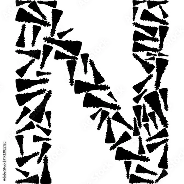 Fototapeta Artistic representation of the letter 'N' composed of numerous dark-colored chess pieces.