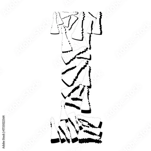 Fototapeta An abstract vertical column composed of fragmented, jagged black and white shapes on a white background.