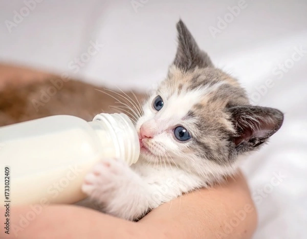 Obraz Kitten drinking milk from bottle