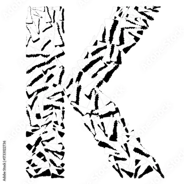 Fototapeta Stylized capital letter K composed of numerous small, irregular black fragments on a white background, creating an abstract mosaic effect.