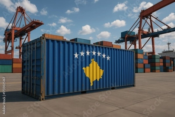 Fototapeta Blue freight container painted with Kosovo national flag standing in cargo port terminal with cranes and stacked containers in background.
