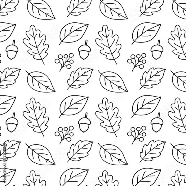 Fototapeta Seamless pattern featuring hand-drawn leaves, acorns, and branches in a monochromatic style, ideal for textile design, wallpapers, and nature-themed projects