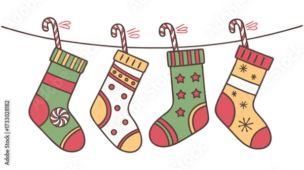 Fototapeta Colorful holiday stockings hanging on a string, featuring festive patterns and designs, creating a cheerful atmosphere for seasonal celebrations and winter festivities