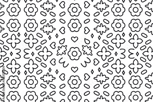 Fototapeta Floral pattern illustration featuring various flower shapes, hearts, and decorative elements on a white background, creating a vibrant and playful design for textiles or wallpapers