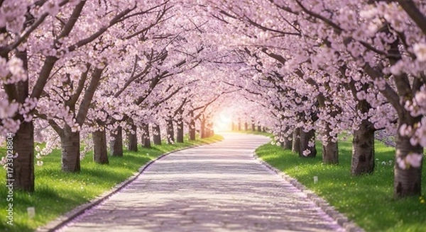 Obraz Cherry Blossom Tunnel Pathway Under Pink Blossoms  Sunlight Spring Serenity.