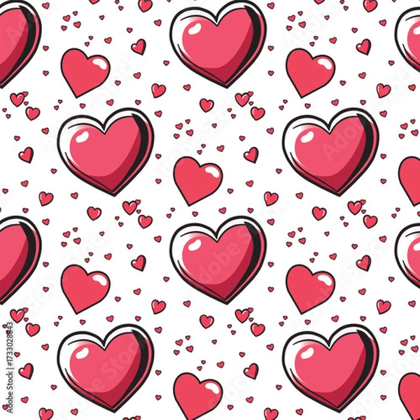 Fototapeta Colorful pattern featuring various heart shapes in red and pink tones, set against a white background, creating a playful and romantic design concept for various applications