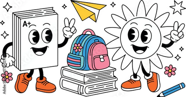 Fototapeta Cartoon illustration featuring a cheerful book character and a smiling sun, surrounded by a backpack, paper airplane, and stacked books, embodying a playful learning environment
