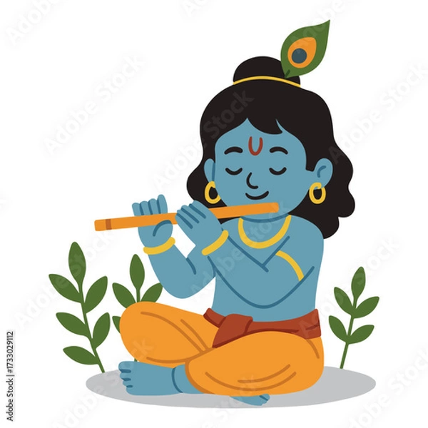 Fototapeta Colorful illustration of a joyful figure playing a flute, surrounded by lush green plants, embodying harmony and creativity in a serene artistic setting