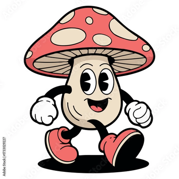 Fototapeta Cartoon mushroom character with a smiling face, wearing red shoes, walking cheerfully, showcasing a playful and whimsical design, perfect for children's illustrations and playful themes