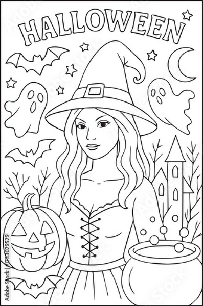 Fototapeta Halloween-themed illustration featuring a witch with long hair, a pumpkin, a cauldron, and spooky elements like ghosts and bats, creating a festive atmosphere for the holiday
