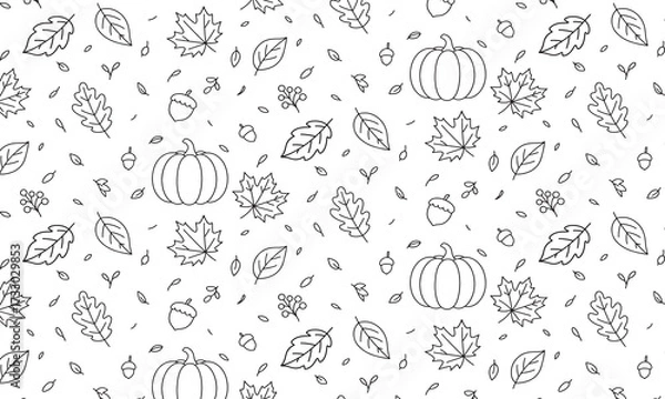 Fototapeta Black and white illustration featuring a seamless pattern of pumpkins, acorns, and various leaves, creating a whimsical autumn-themed design with intricate details