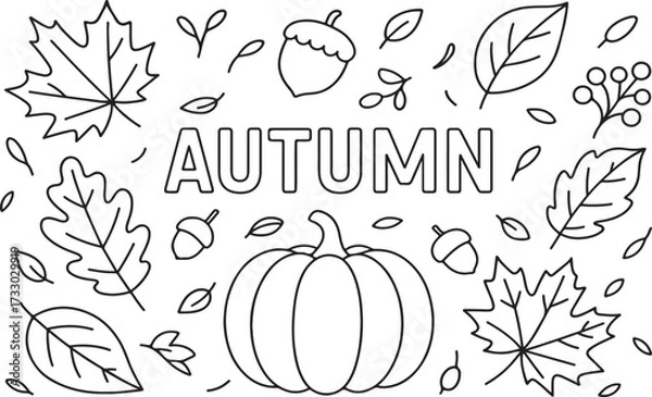 Fototapeta Autumn-themed illustration featuring various leaves, acorns, and a pumpkin, creating a seasonal atmosphere with intricate line art and decorative elements for creative projects