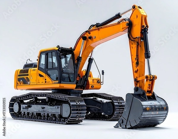 Obraz Product shot of a tracked excavator with boom extended, clean white background with high-contrast studio lights