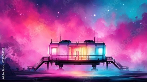 Fototapeta A vibrant, surreal scene featuring a futuristic building under a colorful cosmic sky, illuminated with hues of pink, blue, and purple.
