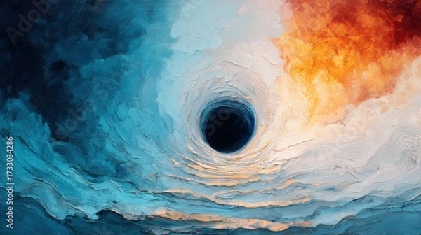 Fototapeta A swirling abstract painting depicting a vortex with contrasting colors of deep blue and fiery orange, creating a vivid and dynamic visual experience.