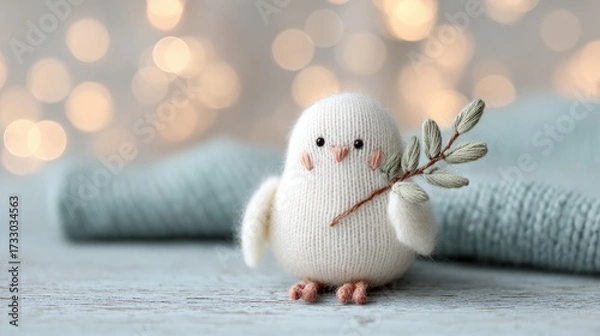 Fototapeta A cute, knitted bird holding a twig, set against a soft blue background with warm bokeh lights, evoking a cozy and whimsical atmosphere.