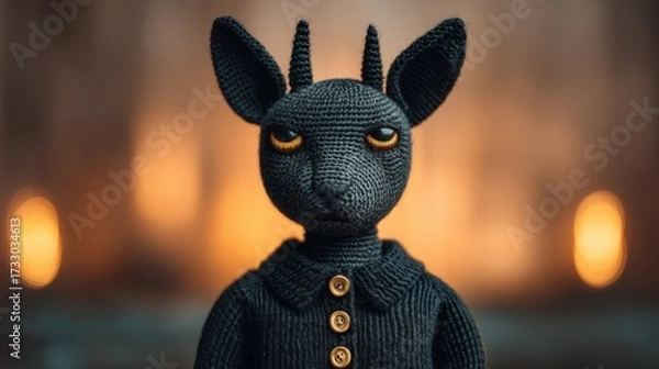 Fototapeta A handmade creature figure with dark features and a textured surface, wearing a buttoned outfit, set against a softly illuminated background.