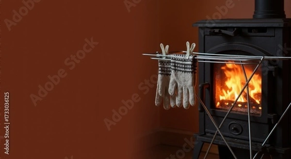 Fototapeta Knitted woolen gloves drying on a rack in front of a cozy wood-burning stove. Warm fire burning in a cast iron fireplace. Winter comfort and hygge lifestyle concept with copy space