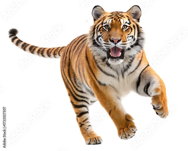 Fototapeta A striking tiger leaps forward against a stark white backdrop with its mouth slightly agape revealing teeth