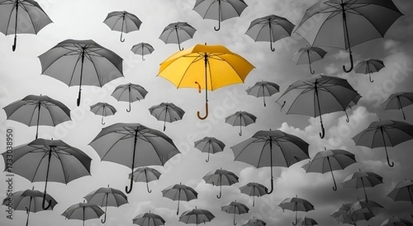 Fototapeta Stand out from the crowd with a vibrant yellow umbrella soaring above a sea of grey, symbolizing unique vision and bold individuality.