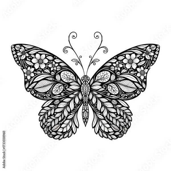 Fototapeta Intricate black and white ornate butterfly design with floral and leaf patterns, perfect for artistic projects and elegant decor.
