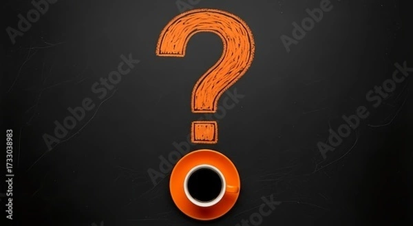 Fototapeta Seeking answers? Bold orange question mark hovers over steaming coffee cup on dark textured background