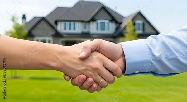 Fototapeta Successful business handshake sealing real estate deal with beautiful modern home in background, symbolizing trust and partnership