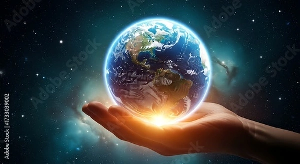Fototapeta Holding our precious Earth in a glowing hand against a starry cosmic backdrop, symbolizing hope and future