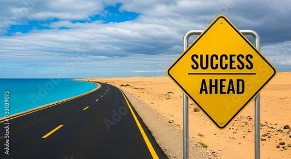 Fototapeta Embark on your journey towards triumph with a clear road and a sign promising success ahead