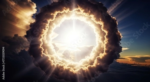 Fototapeta Experience divine enlightenment as radiant sunbeams pierce through dramatic, swirling storm clouds forming a heavenly portal
