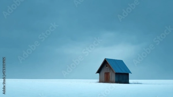 Fototapeta Serene Winter Landscape Featuring a Solitary Wooden Cabin in a Snow-Covered Field Beneath a Moody Sky in a Calm and Tranquil Environment