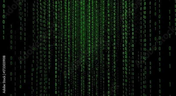 Fototapeta Dynamic green binary code cascades in a mesmerizing digital rain effect against a dark background