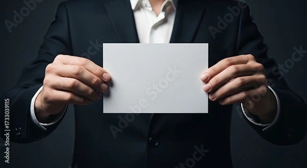 Fototapeta Professional businessman confidently holds blank card for important announcement or message presentation in modern studio
