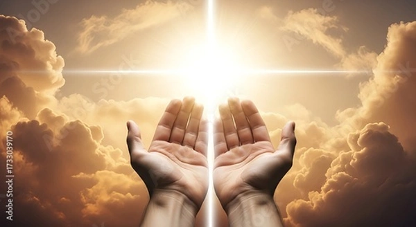 Fototapeta Open hands reaching towards a radiant divine light and cloudy sky, symbolizing hope and spiritual connection