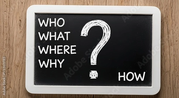 Fototapeta Uncover answers with essential questions like Who, What, Where, Why and How on a chalk board