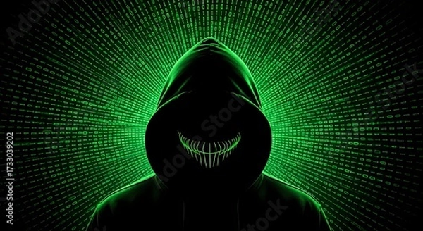 Fototapeta Sinister hacker shrouded in darkness with glowing green binary code radiating outwards, embodying digital threat and anonymity