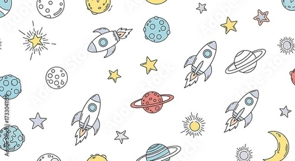 Fototapeta doodle background of space objects like rockets, stars, planets, and moons 