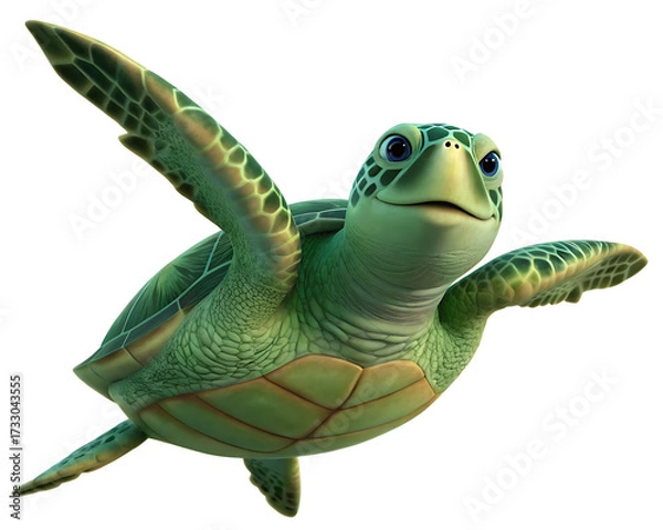 Fototapeta Cartoon sea turtle swimming with flippers extended on a white background in a close up view