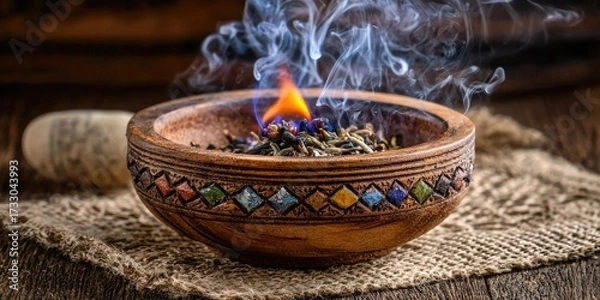 Fototapeta A wooden bowl with herbs and a flame inside, emitting smoke, placed on a burlap cloth on a wooden table.