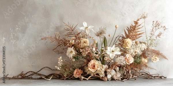 Fototapeta A beautiful, naturalistic floral arrangement with a mix of dried and fresh flowers, including roses, lilies, and other dried plants, set against a neutral, textured background.
